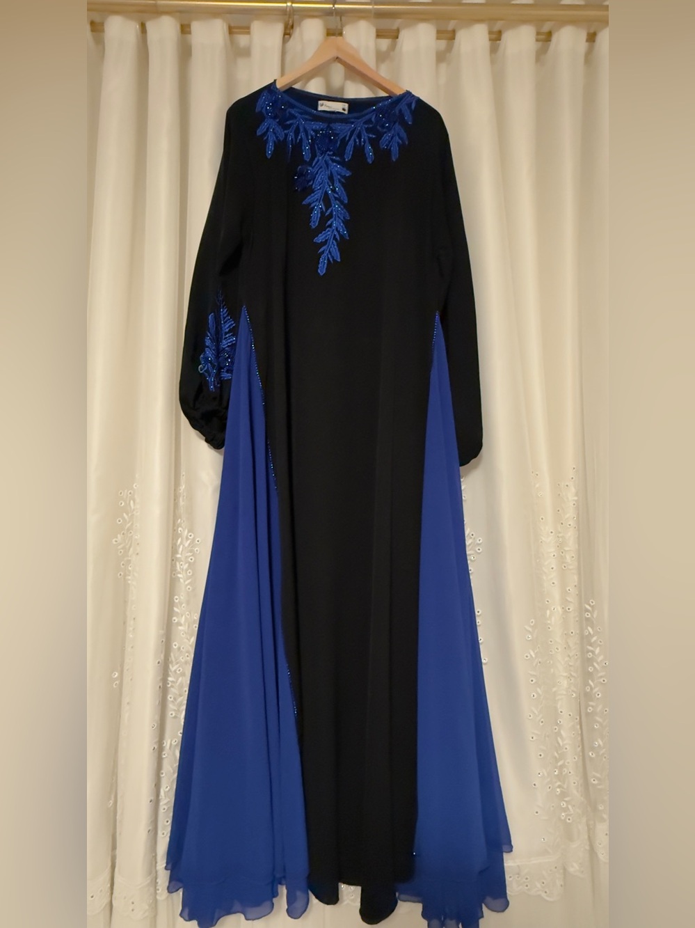 Black and Royal Blue Long Sleeve Embellished Evening Gown